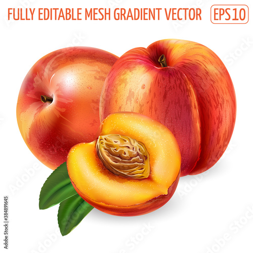 Two and a half peaches on a white background.