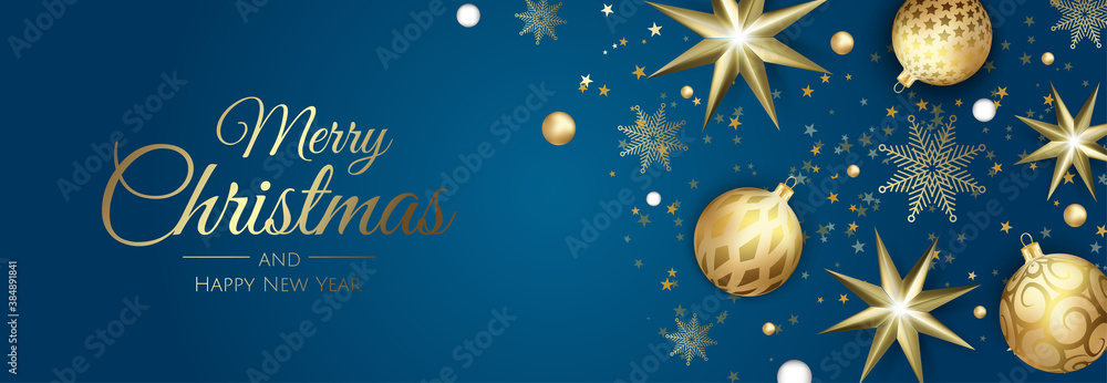 Fototapeta Merry Christmas and Happy New Year Holiday white banner illustration. Xmas design with realistic vector 3d objects, golden christmass ball, snowflake, glitter gold confetti.