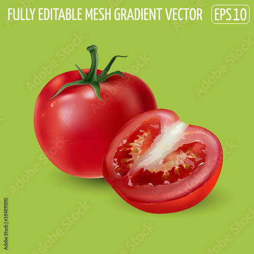 Red tomato with a half tomato on a green background.