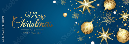 Merry Christmas and Happy New Year Holiday white banner illustration. Xmas design with realistic vector 3d objects, golden christmass ball, snowflake, glitter gold confetti.
