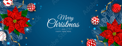 Merry Christmas and Happy New Year. Xmas background with poinsettia, Snowflakes, star and balls design.
