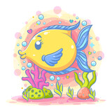 Cute yellow moon fish idol play under the blue sea