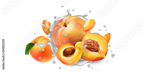 Fototapeta Naklejka Na Ścianę i Meble -  Apricots and peaches in splashes of yogurt or milk.