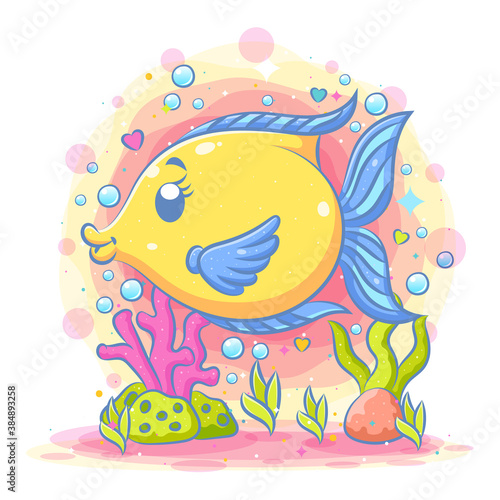 Cute yellow moon fish idol play under the blue sea