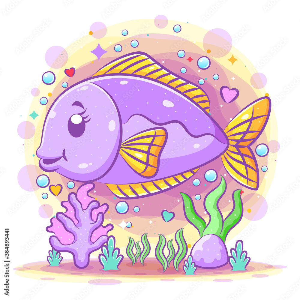 Purple salmon is swimming with the happy face
