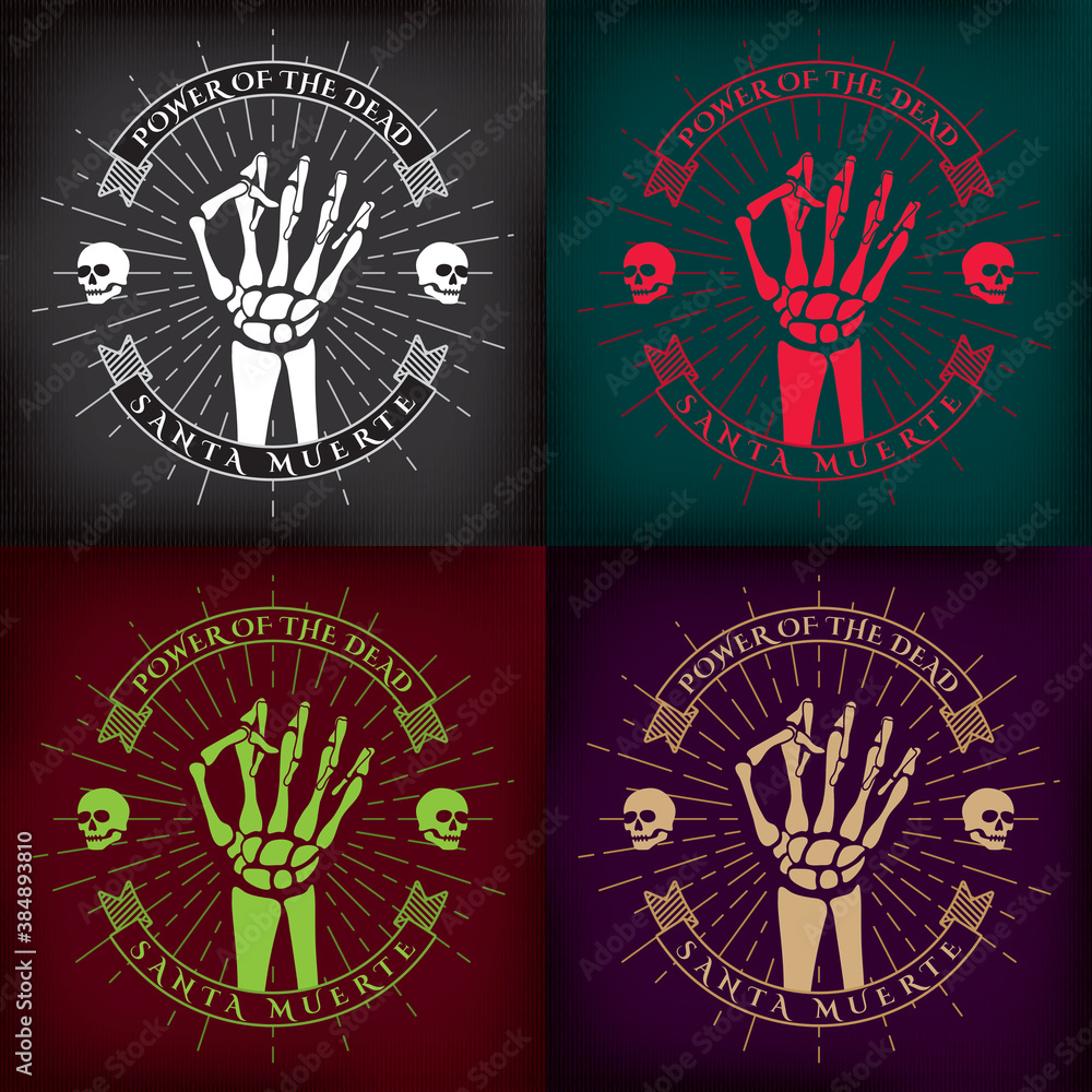 Power of Dead Halloween Set with Human Skeleton Raised Hand Clenched into Fist and Santa Muerte aka Holy Death Logo - Gold Green Red and White on Dark Backgrounds - Mixed Graphic Design