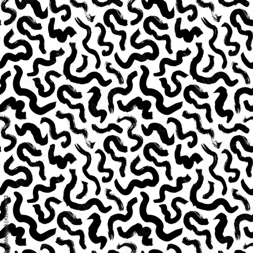 Black paint freehand scribbles vector seamless pattern. Wavy lines and round shapes, dry brush stroke texture. Abstract monochrome wallpaper design, trendy textile print. Wavy and swirled brush stroke