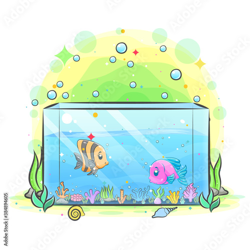 Box of aquarium have two fish inside and the little coral reefs
