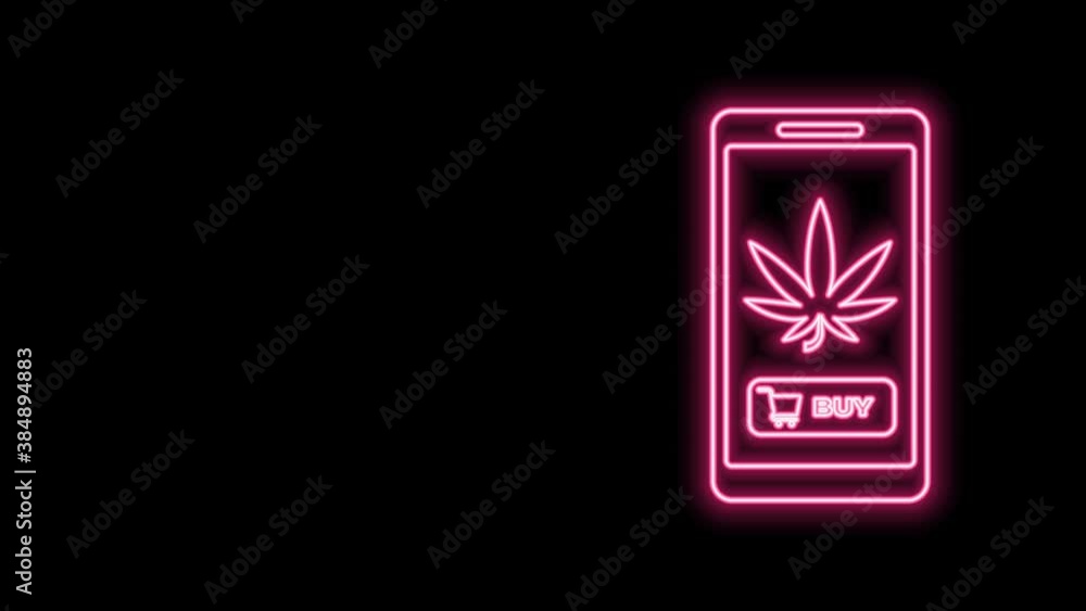 Glowing neon line Mobile phone and medical marijuana or cannabis leaf icon isolated on black background. Online buying symbol. Supermarket basket. 4K Video motion graphic animation Glowing neon line Mobile phone and medical marijuana or cannabis leaf icon isolated on black background. Online buying symbol. Supermarket basket. 4K Video motion graphic animation