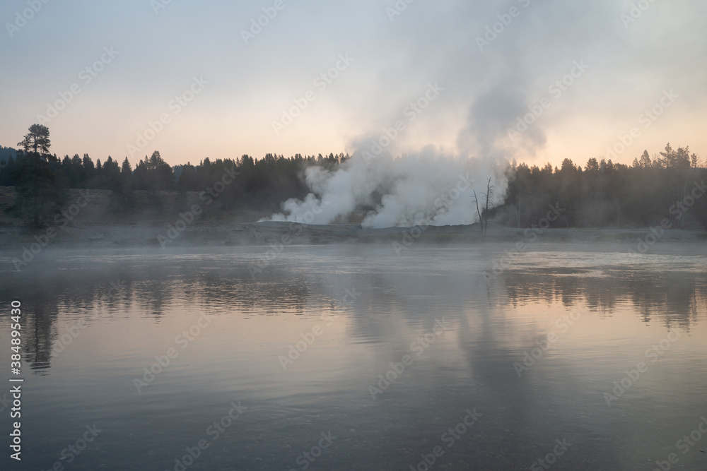 Fototapeta premium Hot Springs and gushing Geysers at Yellowstone National Park wilderness area atop a volcanic hot spot. USA.