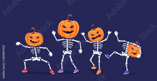 Funny halloween dance pumpkins heads skeletons 