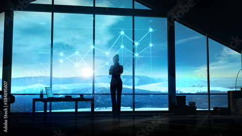 Businesswoman in front of an infographic hologram against the office window.