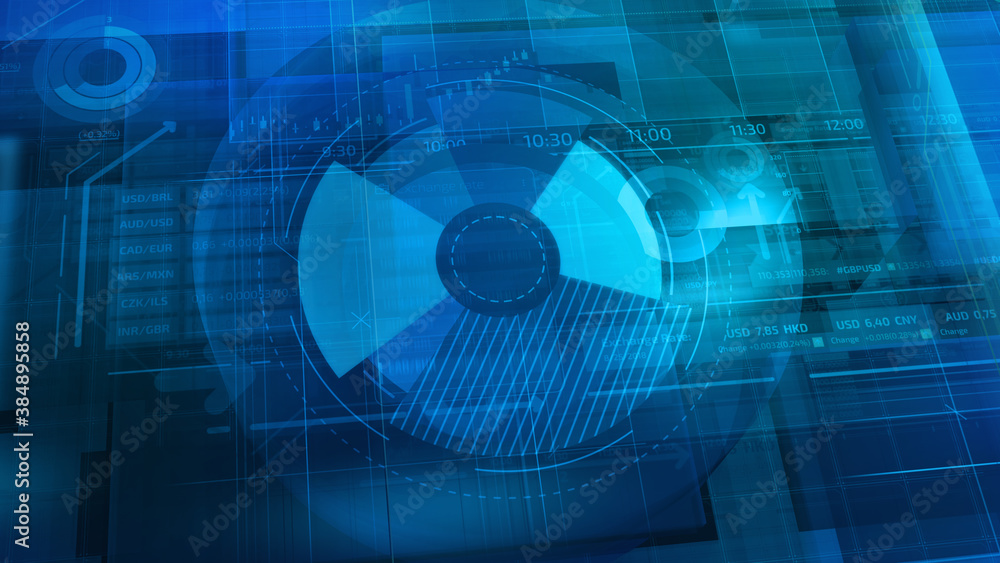 Blue virtual space filled with abstract infographics. Blue virtual space filled with abstract infographics.