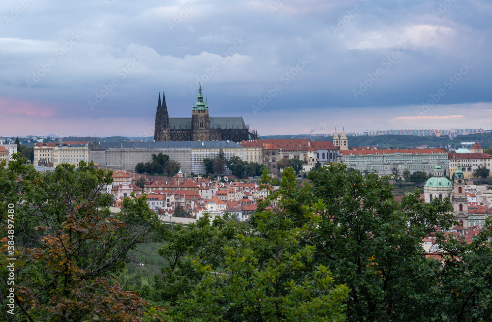 
Prague Castle and St. Vitus Cathedral in the center of Prague at sunset