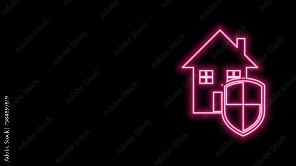Glowing neon line House under protection icon isolated on black background. Home and shield. Protection, safety, security, protect, defense concept. 4K Video motion graphic animation Glowing neon line House under protection icon isolated on black background. Home and shield. Protection, safety, security, protect, defense concept. 4K Video motion graphic animation