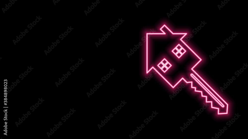 Glowing neon line House with key icon isolated on black background. The concept of the house turnkey. 4K Video motion graphic animation Glowing neon line House with key icon isolated on black background. The concept of the house turnkey. 4K Video motion graphic animation