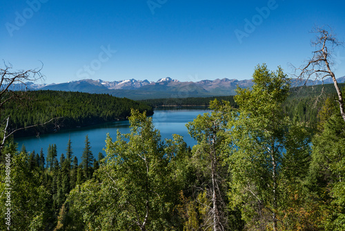 Holland Lake and Falls trail in Flathead National Forest, Montana. USA. Back to Nature concept.