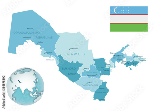 Uzbekistan administrative blue-green map with country flag and location on a globe. © gt29