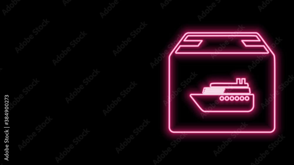 Glowing neon line Cargo ship with boxes delivery service icon isolated on black background. Delivery, transportation. Freighter with parcels, boxes, goods. 4K Video motion graphic animation Glowing neon line Cargo ship with boxes delivery service icon isolated on black background. Delivery, transportation. Freighter with parcels, boxes, goods. 4K Video motion graphic animation