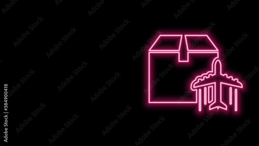 Glowing neon line Plane and cardboard box icon isolated on black background. Delivery, transportation. Cargo delivery by air. Airplane with parcels, boxes. 4K Video motion graphic animation Glowing neon line Plane and cardboard box icon isolated on black background. Delivery, transportation. Cargo delivery by air. Airplane with parcels, boxes. 4K Video motion graphic animation