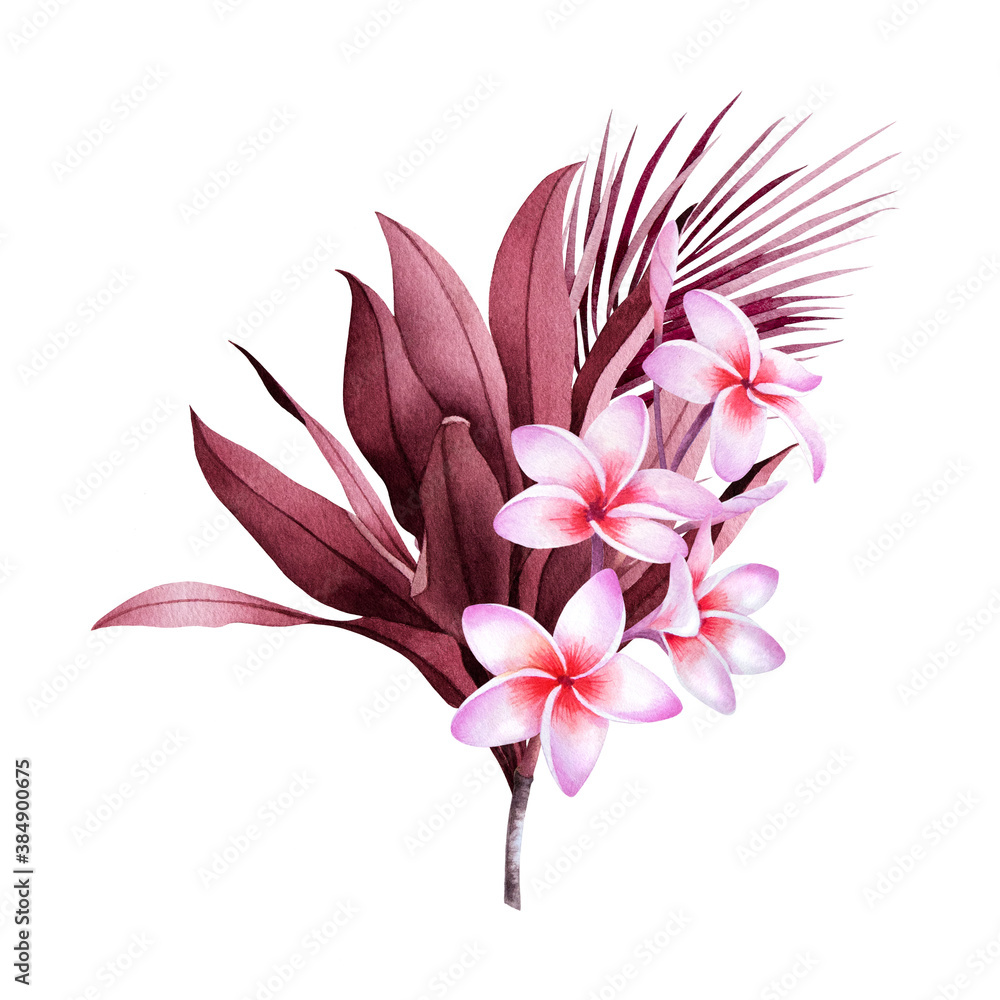 Fototapeta premium Composition of tropical plants and flowers. Botanical watercolor green exotic leaves. Coconut palm, monstera, banana tree, plumeria.
