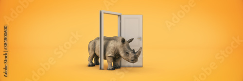 The great rhino enters through the open door. 3d rendering