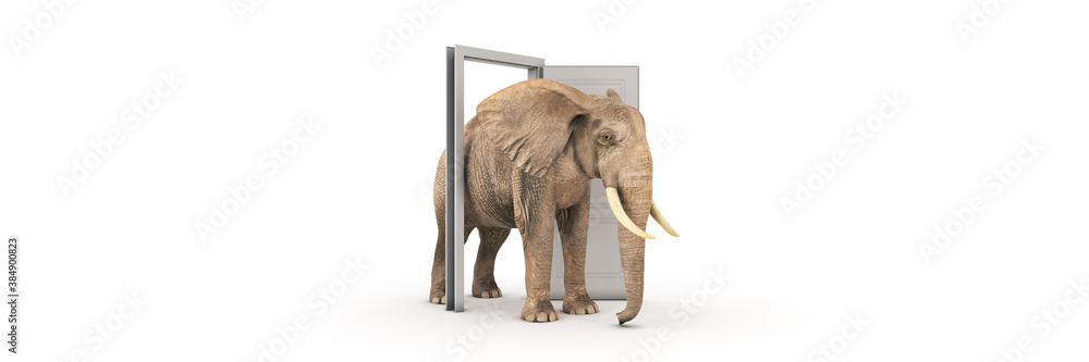 Fototapeta premium The big elephant enters opened door. 3d rendering