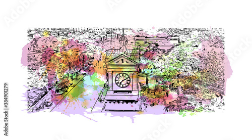 Building view with landmark of Bhagalpur is a city of historical importance on the southern banks of the river Ganges. Watercolor splash with hand drawn sketch illustration in vector.