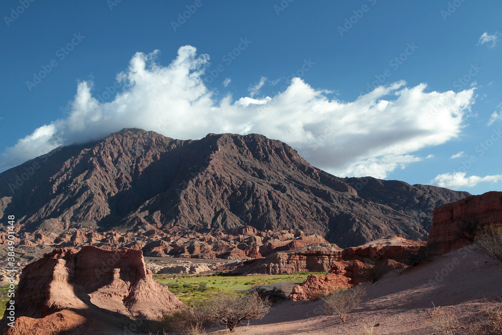 Magical view of the arid desert, green valley, red sand, sandstone formations and brown rocky mountains under a deep blue sky with beautiful clouds.  