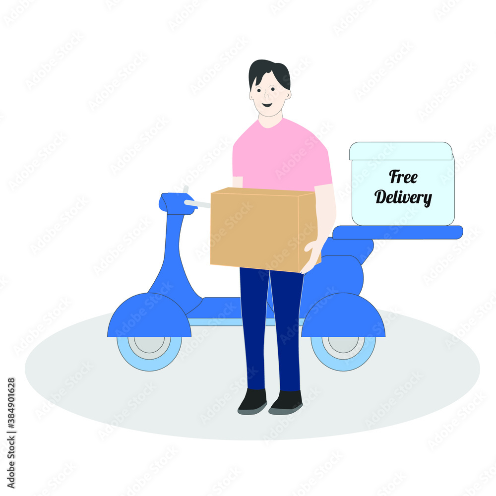 man courier riding scooter with parcel cardboard box fast delivery concept isolated flat horizontal copy space vector illustration man courier riding scooter with parcel cardboard box fast delivery concept isolated flat horizontal copy space vector illustration