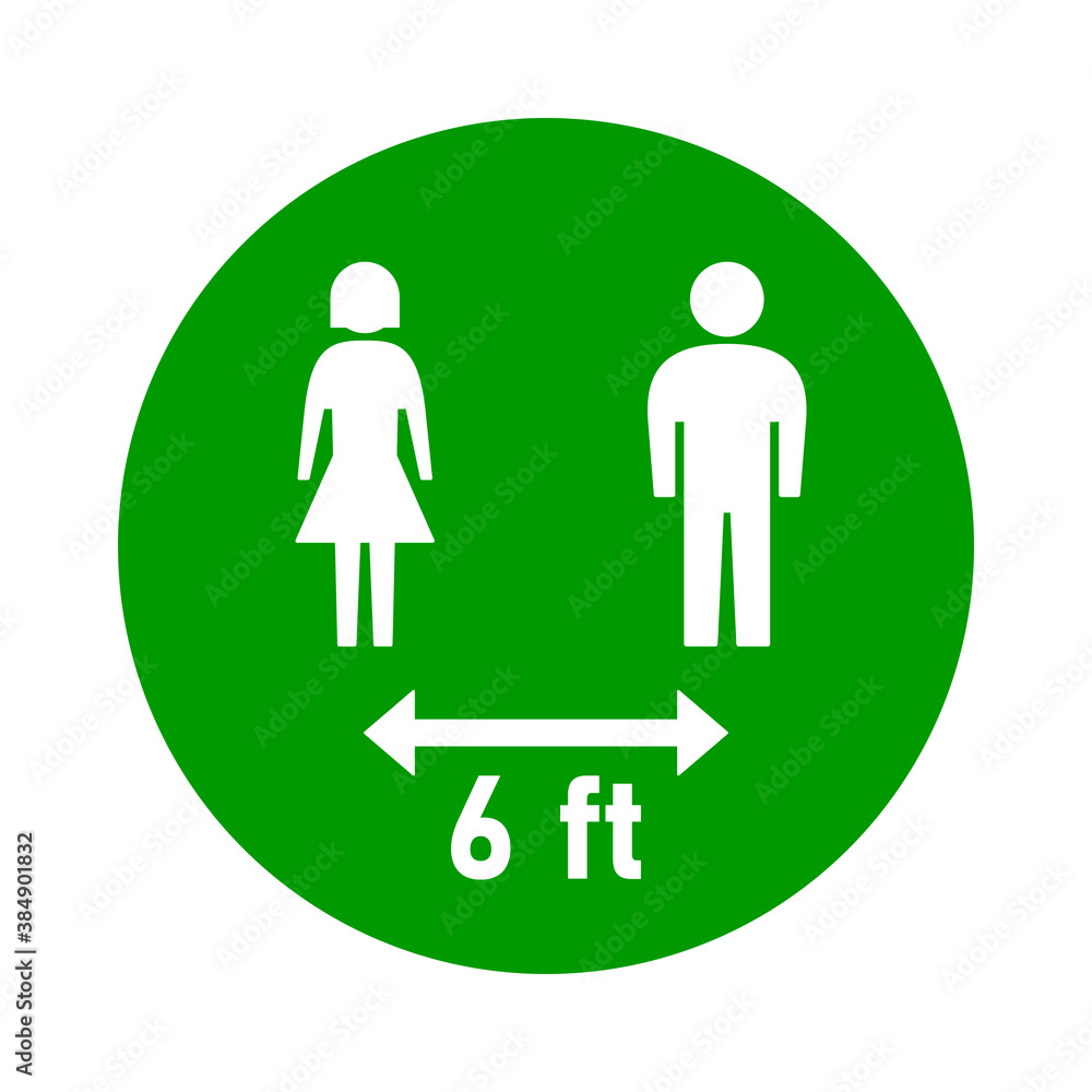 Keep Your Distance 6 ft or 6 Feet Round Social Distancing Instruction Sticker Icon with Male and Female Figures. Vector Image. Keep Your Distance 6 ft or 6 Feet Round Social Distancing Instruction Sticker Icon with Male and Female Figures. Vector Image.