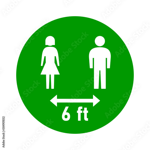 Keep Your Distance 6 ft or 6 Feet Round Social Distancing Instruction Sticker Icon with Male and Female Figures. Vector Image.