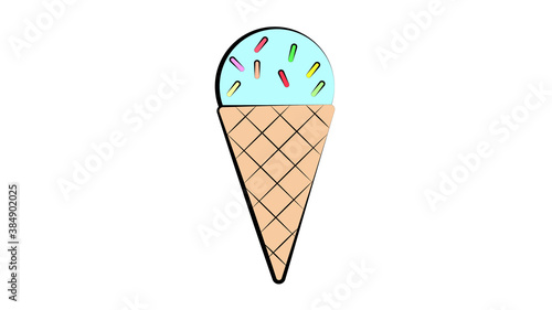 ice cream sweet, milk in a waffle cup, on a white background, vector illustration. scoop of turquoise ice cream with sugar sprinkles. fruit sweet ice cream