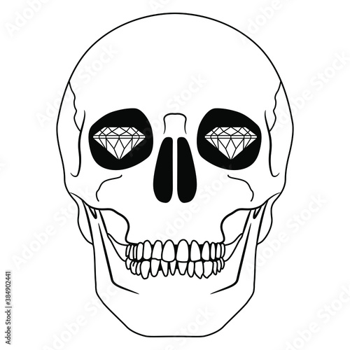 Human skull with diamonds in its eye sockets. Creative concept. Blinded by greed. Black and white silhouette.