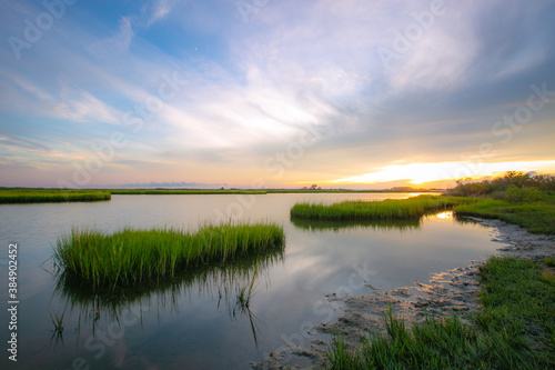 Sunset reflection with marsh grass waterway on the coast 