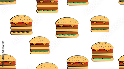 appetizing burger with filling on a white background  vector illustration  pattern. burgers fly over the background. wallpaper for a cafe or kitchen. home decoration and decor. stylish jewelry