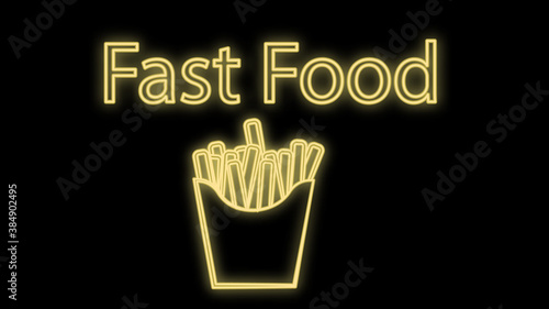 French fries in neon style on a black background, vector illustration. yellow neon with fast food inscription. neon sign for cafes and restaurants