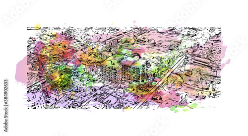 Building view with landmark of Bhagalpur is a city of historical importance on the southern banks of the river Ganges. Watercolor splash with hand drawn sketch illustration in vector.