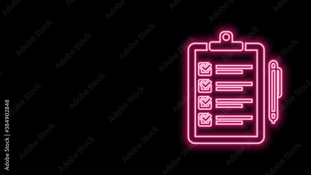 Glowing neon line Verification of delivery list clipboard and pen icon isolated on black background. 4K Video motion graphic animation Glowing neon line Verification of delivery list clipboard and pen icon isolated on black background. 4K Video motion graphic animation