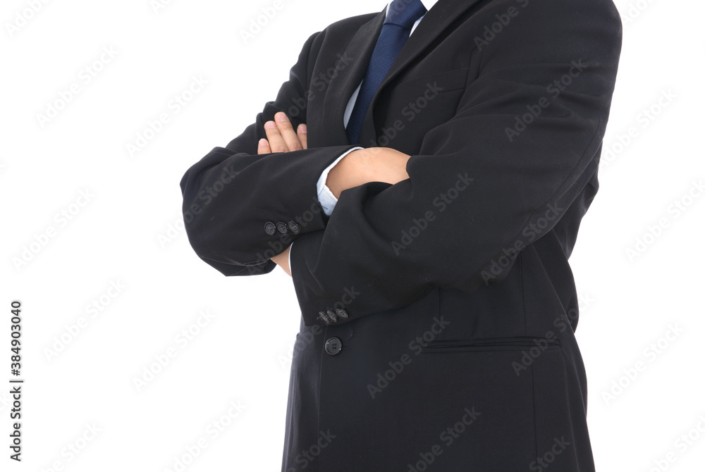 Successful people in black suits holding arms standing in front of white background Successful people in black suits holding arms standing in front of white background