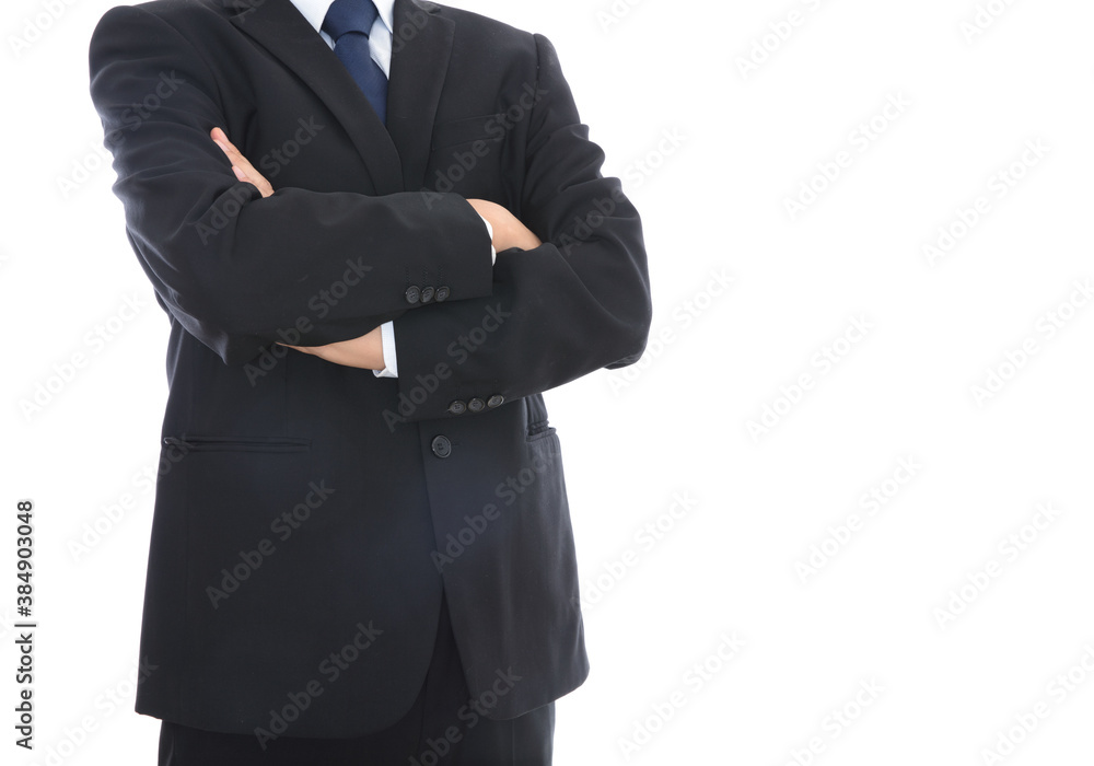 Successful people in black suits holding arms standing in front of white background Successful people in black suits holding arms standing in front of white background
