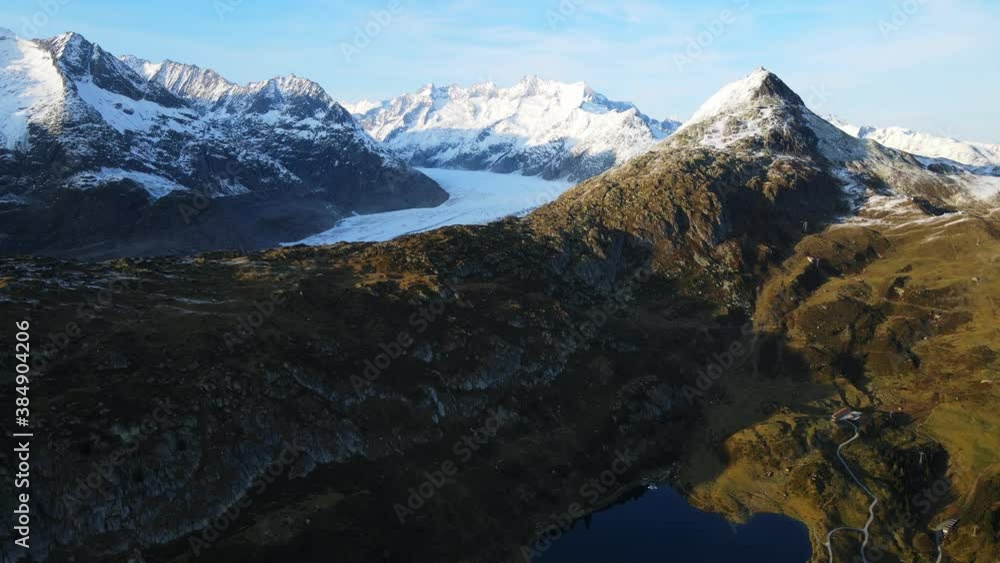 Aerial view over the largest glacier in Europe - the Aletschgletscher in the Swiss Alps - drone footage Aerial view over the largest glacier in Europe - the Aletschgletscher in the Swiss Alps - drone footage