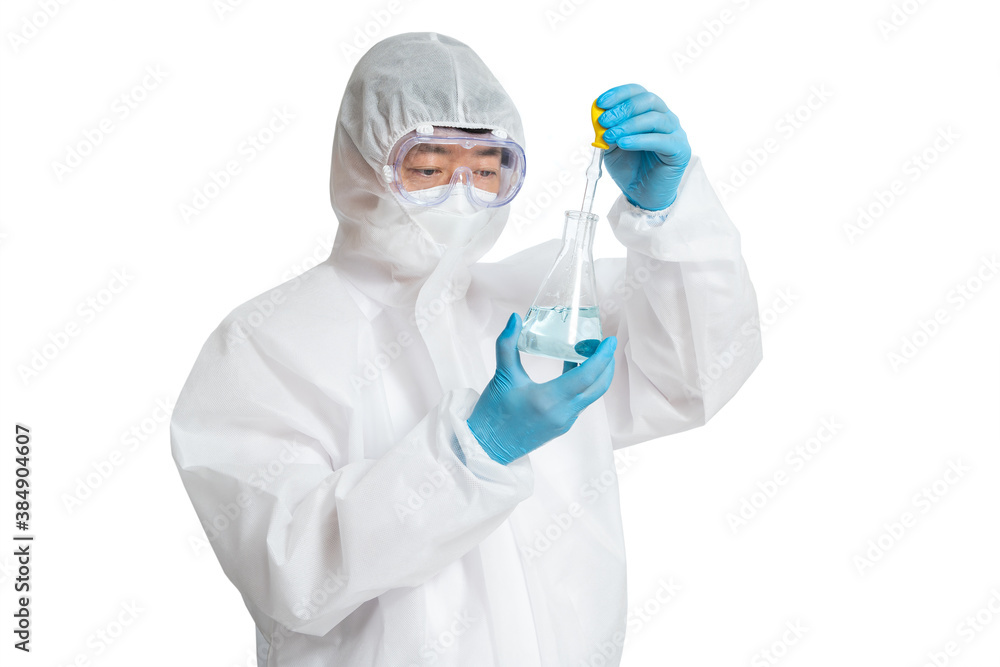 An Asian man wearing a protective suit, protective face masks, and safety glasses on a white background. An Asian man wearing a protective suit, protective face masks, and safety glasses on a white background.