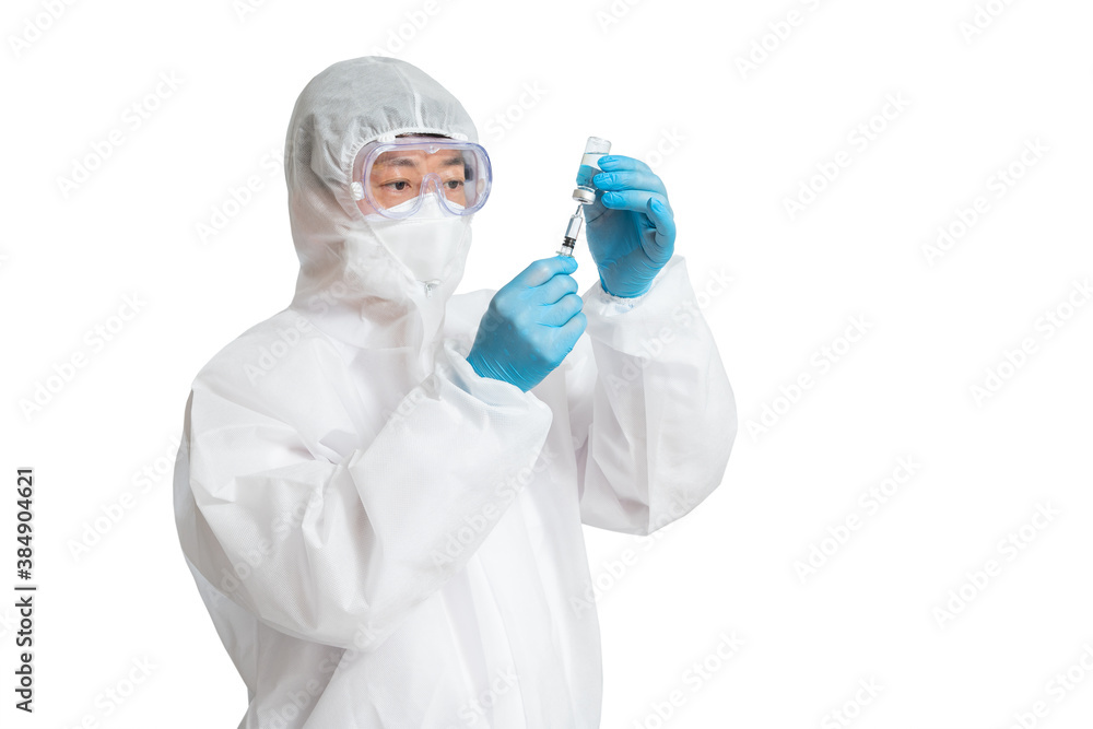 An Asian man wearing a protective suit, protective face masks, and safety glasses on a white background. An Asian man wearing a protective suit, protective face masks, and safety glasses on a white background.