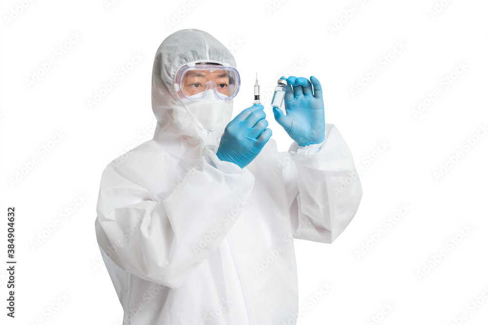 An Asian man wearing a protective suit, protective face masks, and safety glasses on a white background. An Asian man wearing a protective suit, protective face masks, and safety glasses on a white background.