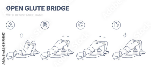 Open Glute Bridge With Resistance Band Woman Home Workout Exercise Concept.