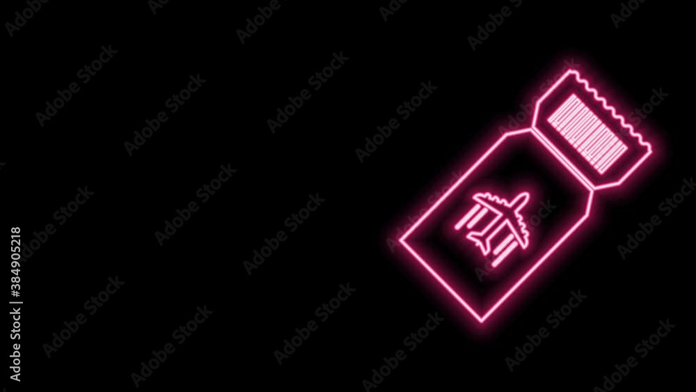 Glowing neon line Airline ticket icon isolated on black background. Plane ticket. 4K Video motion graphic animation