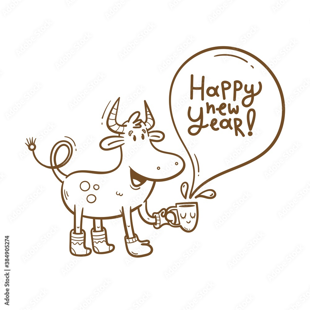 Fototapeta premium Vector card with a cute bull. A cheerful calf is drinking tea from mug. Funny animal symbol of the Chinese New Year. Contour image no fill.