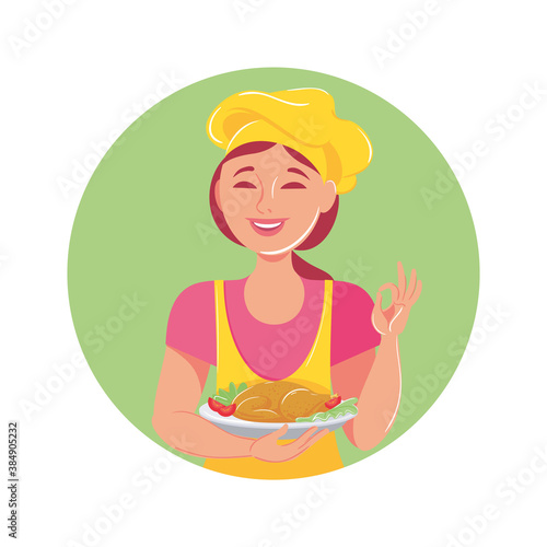 Young cute girl chef. Vector illustration, character design, logo, emblem, postcard