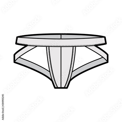 Jockstrap underwear technical fashion illustration with elastic waistband, athletic supporter. Flat thong Underpants lingerie template front, grey color. Women men unisex swimsuit CAD mockup 